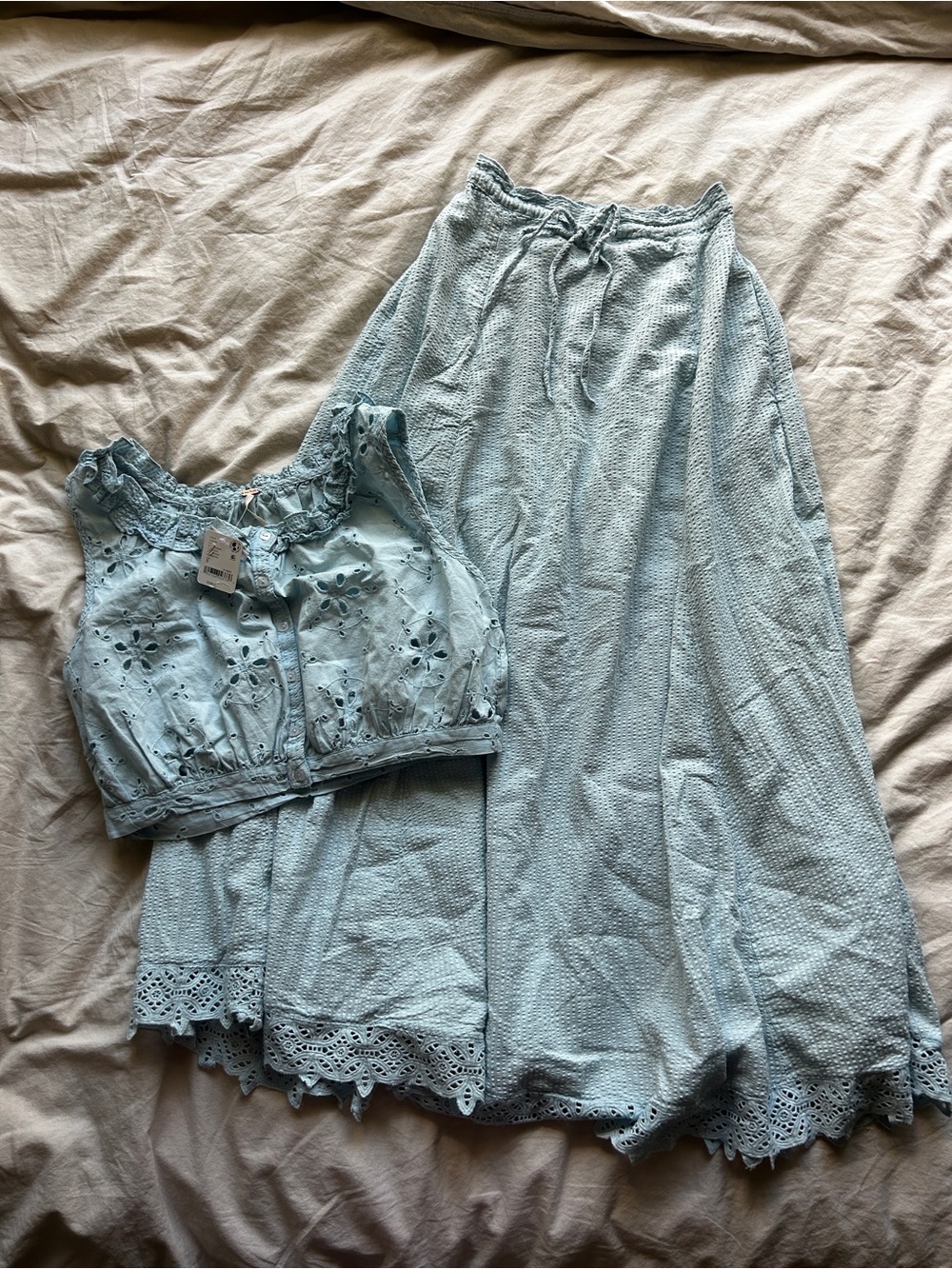 Free People Light Blue Eyelet Cotton Maxi Skirt Set- Women's Small NWT